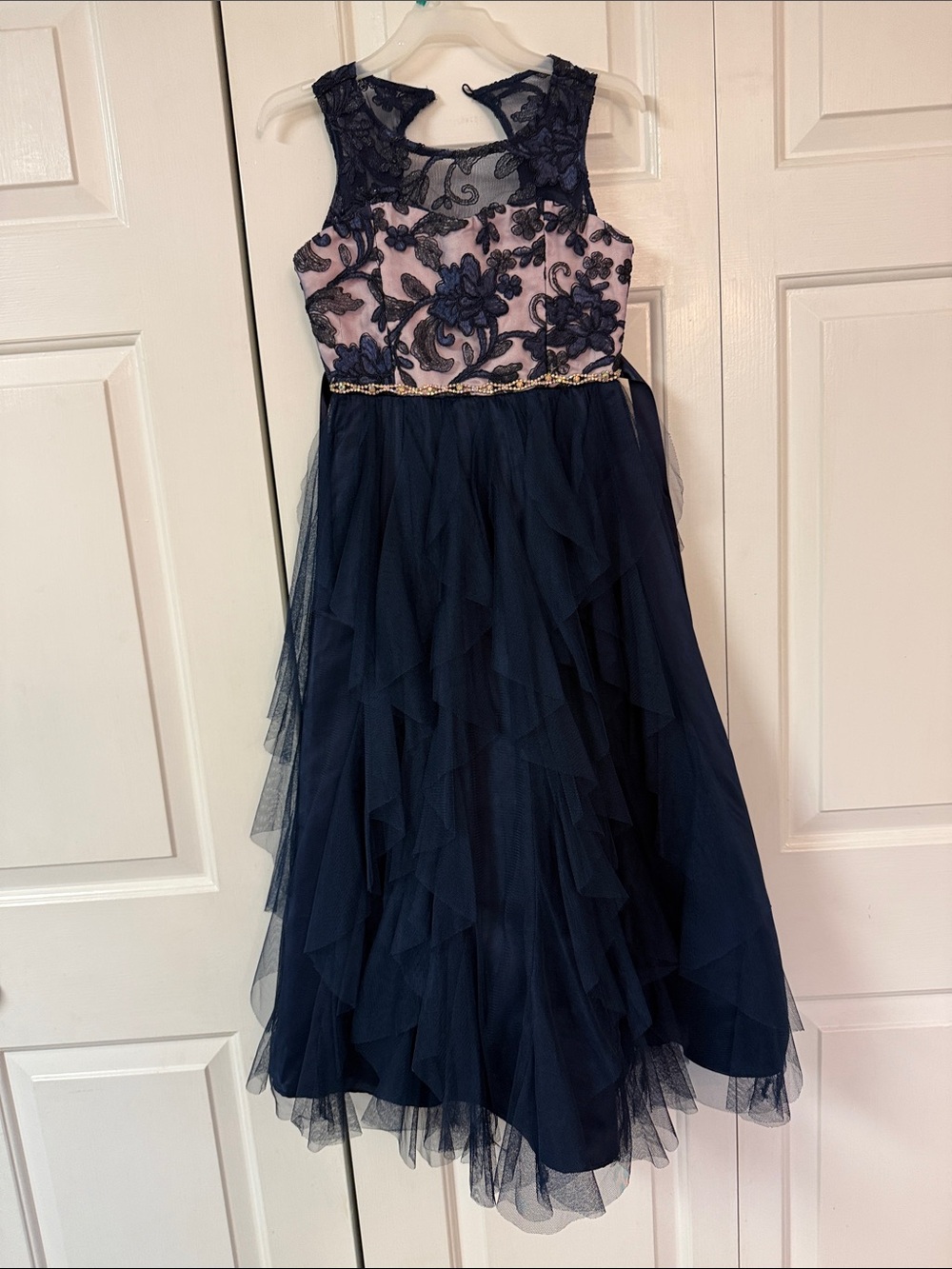 Rare Editions Navy & Pink Lace Bodice Tulle Party Dress